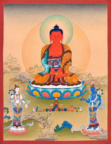 Amitabha Buddha thangka, 51×66 cm: red Amitabha in an open landscape of pale washes, with two standing bodhisattvas