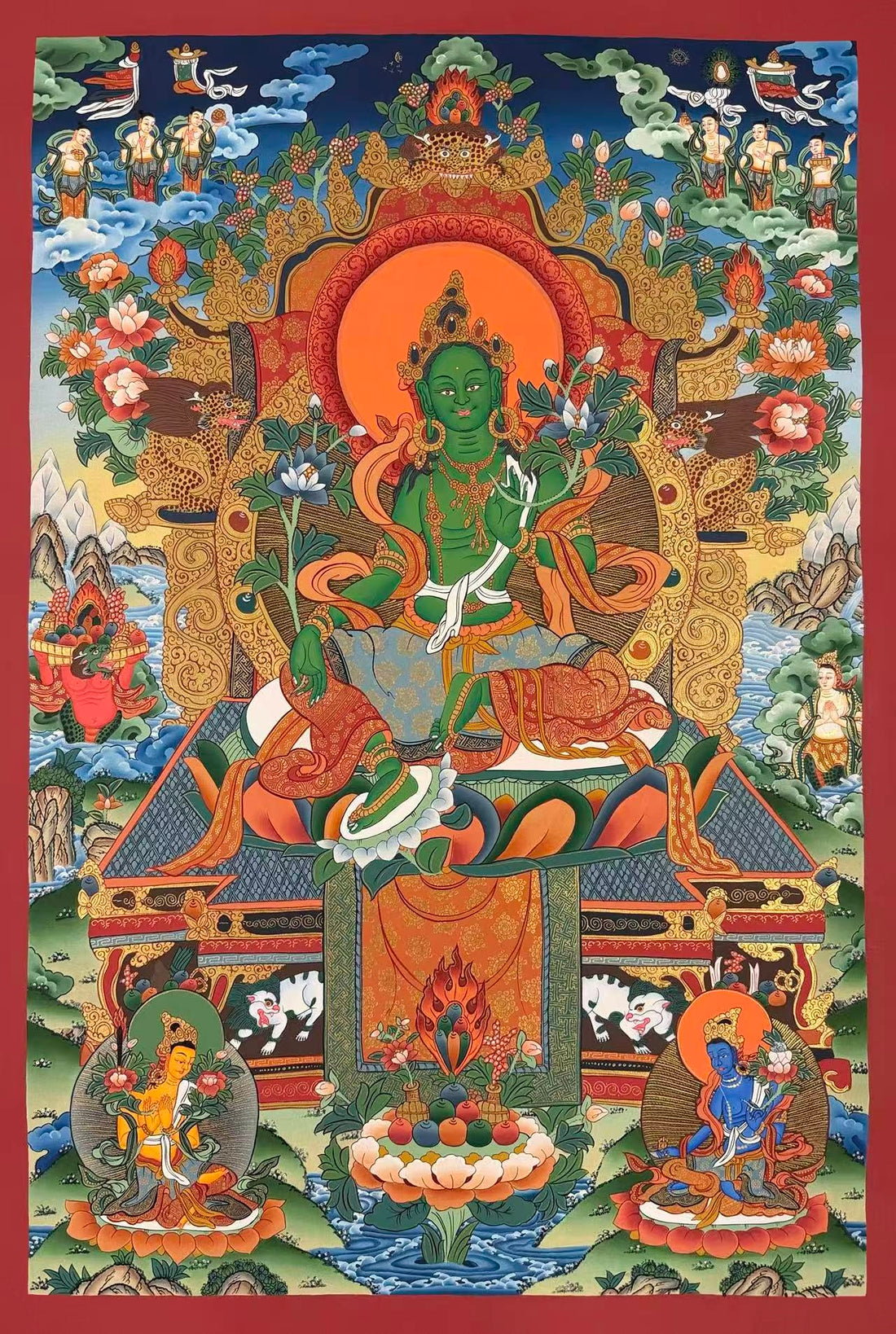 Green Tara thangka, 56×82 cm: Green Tara on a jewelled throne under an ornate canopy, with offering goddesses and two Taras