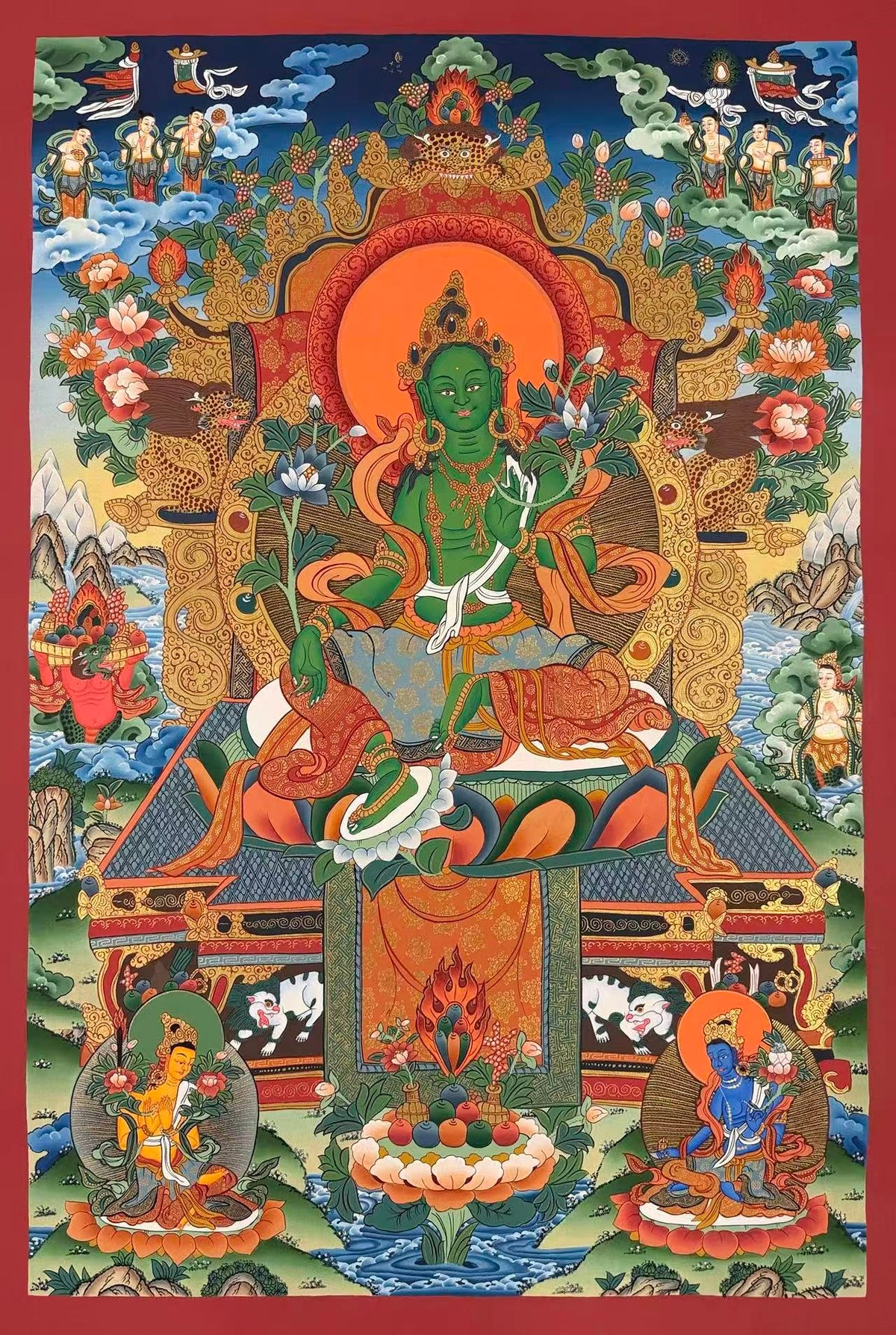 Green Tara thangka, 56×82 cm: Green Tara on a jewelled throne under an ornate canopy, with offering goddesses and two Taras