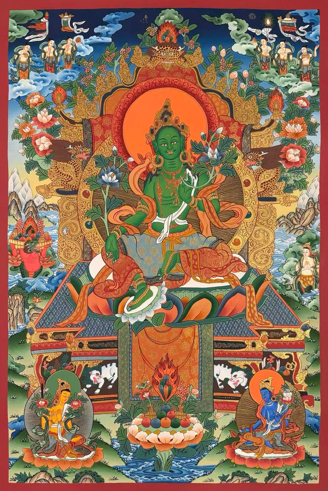 Green Tara thangka, 56×82 cm: Green Tara on a jewelled throne under an ornate canopy, with offering goddesses and two Taras