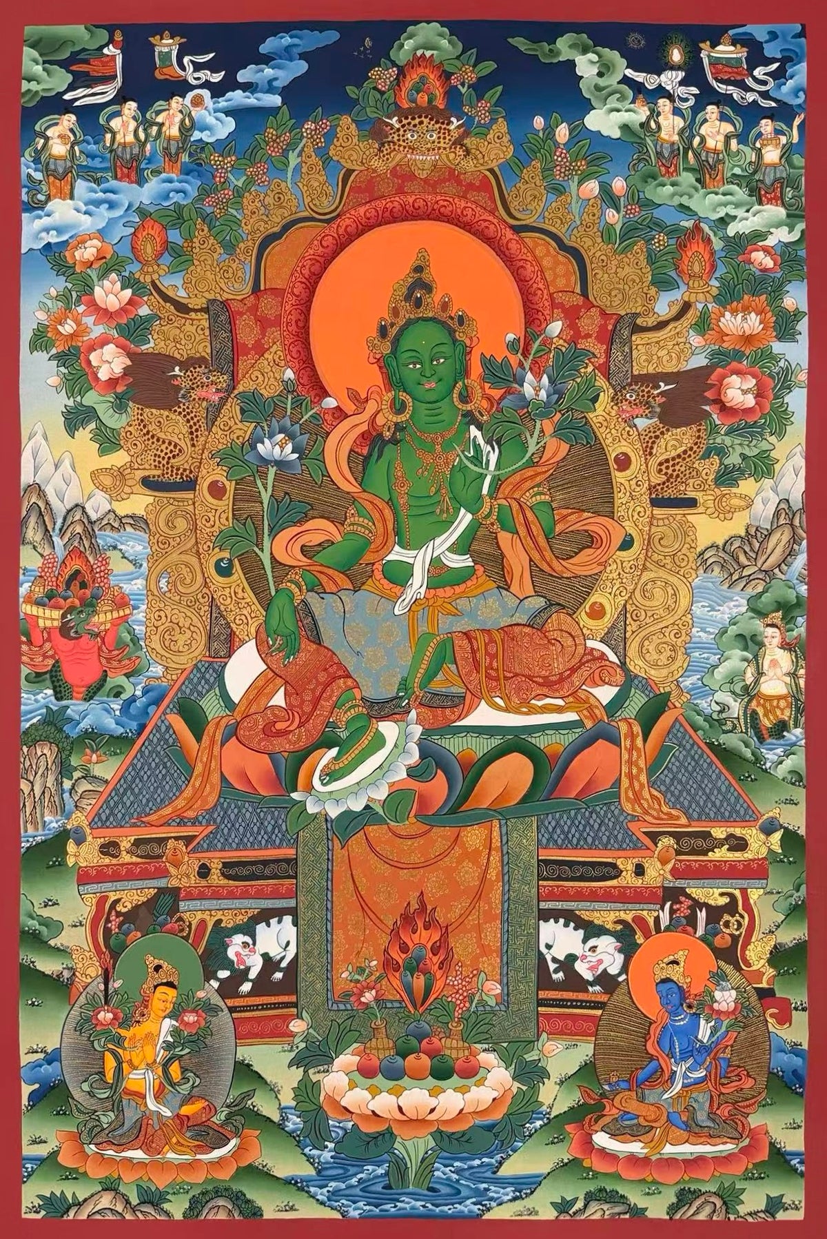 Green Tara thangka, 56×82 cm: Green Tara on a jewelled throne under an ornate canopy, with offering goddesses and two Taras