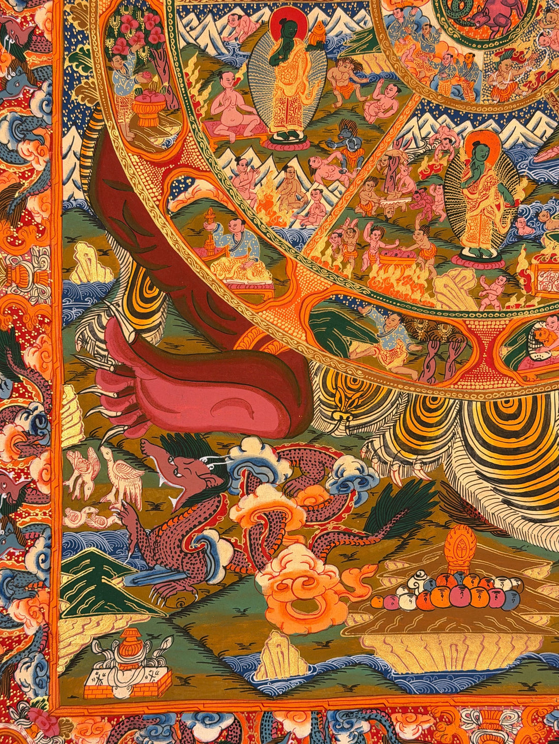 Wheel of Life thangka, 67×94 cm: red-brown Yama holding the Wheel of Life, with a standing Buddha and a bodhisattva in the upper corners