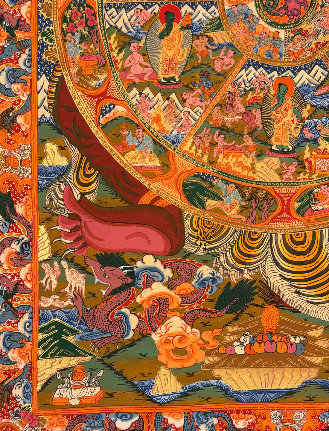 Wheel of Life thangka, 67×94 cm: red-brown Yama holding the Wheel of Life, with a standing Buddha and a bodhisattva in the upper corners