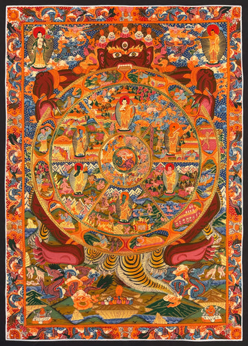 Wheel of Life thangka, 67×94 cm: red-brown Yama holding the Wheel of Life, with a standing Buddha and a bodhisattva in the upper corners