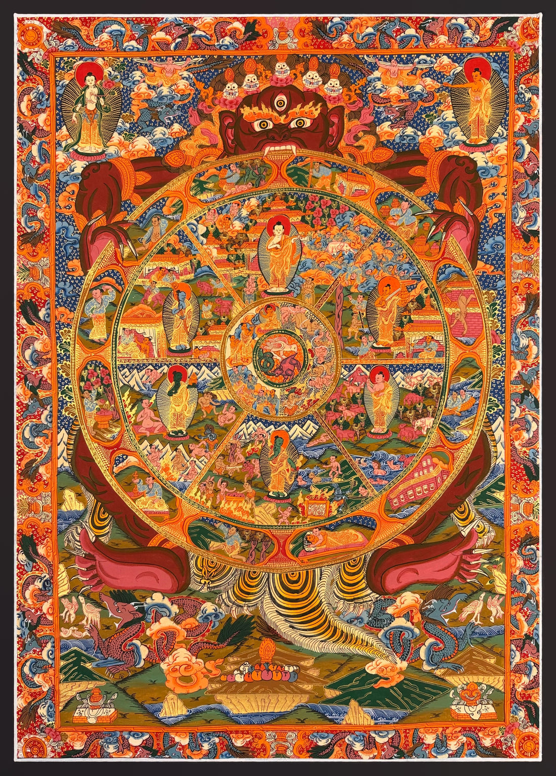Wheel of Life thangka, 67×94 cm: red-brown Yama holding the Wheel of Life, with a standing Buddha and a bodhisattva in the upper corners
