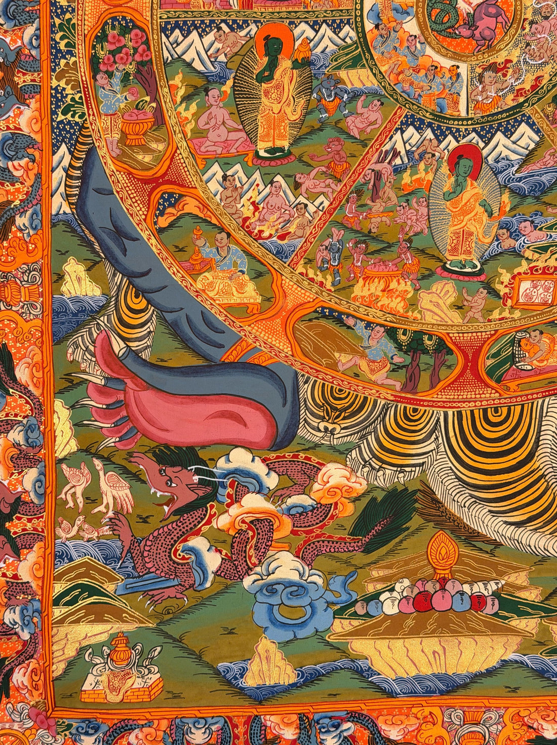 Wheel of Life thangka, 67×94 cm: blue Yama holding the Wheel of Life, with a standing Buddha and a bodhisattva in the upper corners