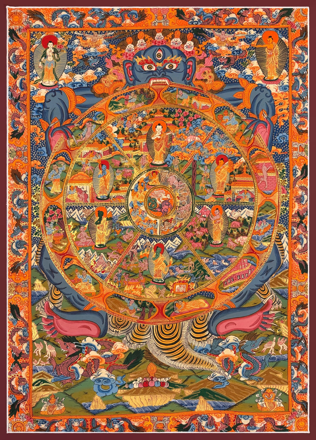 Wheel of Life thangka, 67×94 cm: blue Yama holding the Wheel of Life, with a standing Buddha and a bodhisattva in the upper corners