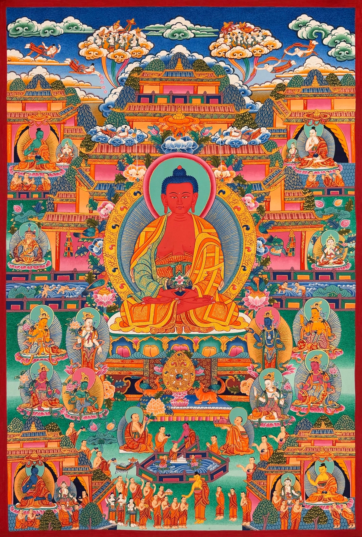 Amitabha Buddha thangka, 56×81 cm: red Amitabha in his Pure Land with bodhisattvas, palaces and monks around a lotus pool