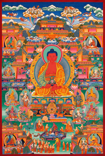 Amitabha Buddha thangka, 56×81 cm: red Amitabha in his Pure Land with bodhisattvas, palaces and monks around a lotus pool