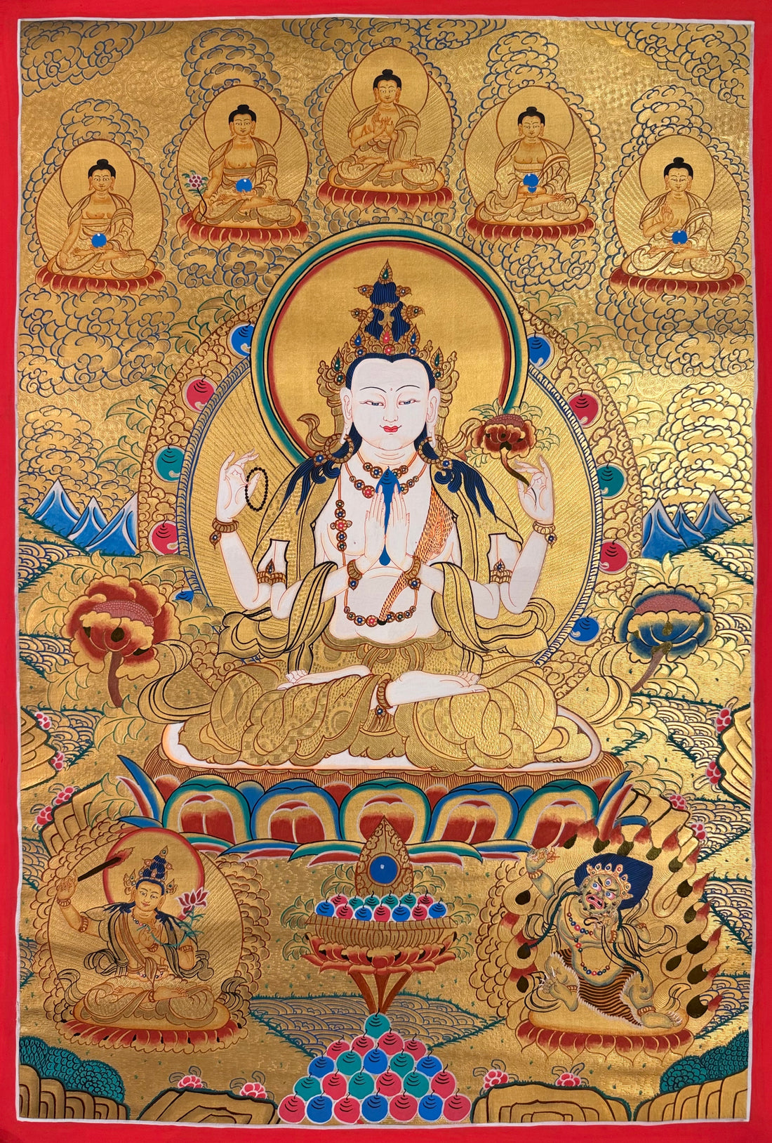 Chenrezig thangka, 58×83 cm: four-armed Chenrezig on a gold-coloured ground, with five Buddhas above and Manjushri and Vajrapani below