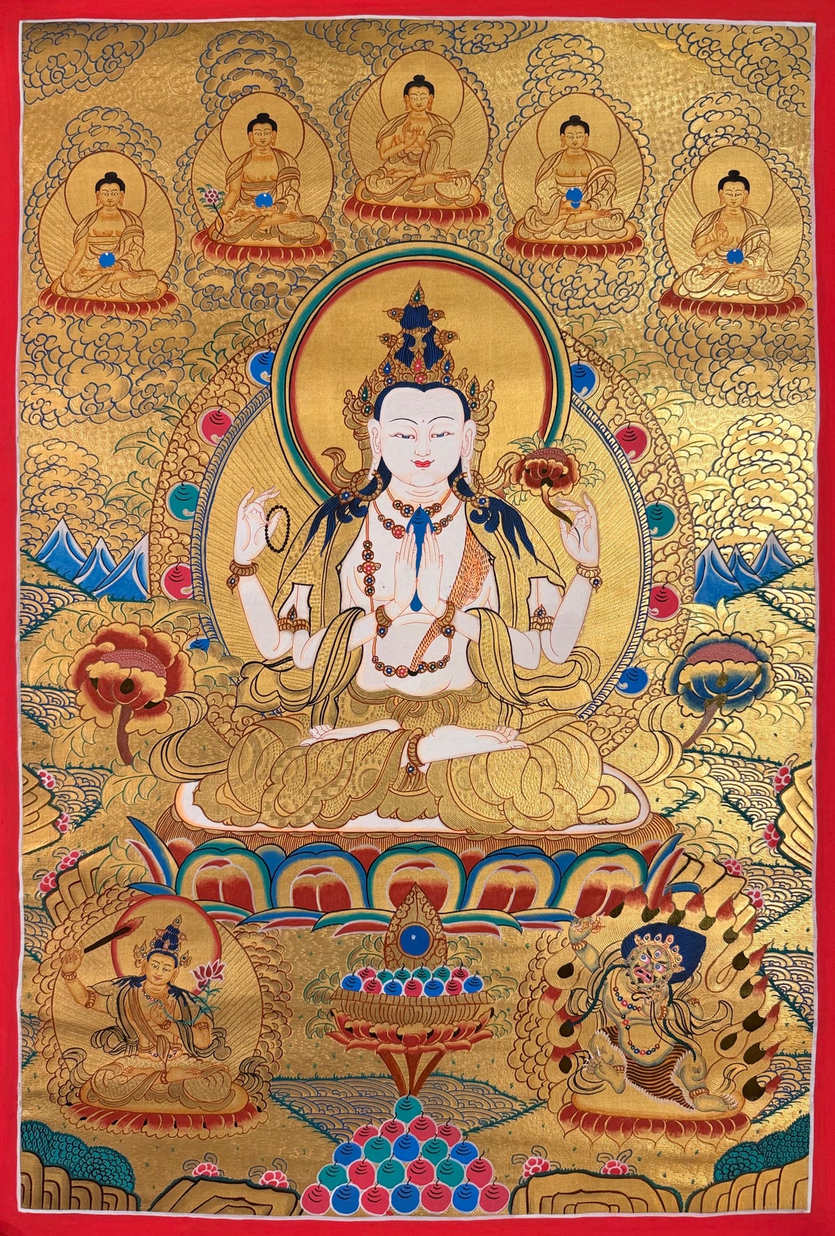 Chenrezig thangka, 58×83 cm: four-armed Chenrezig on a gold-coloured ground, with five Buddhas above and Manjushri and Vajrapani below