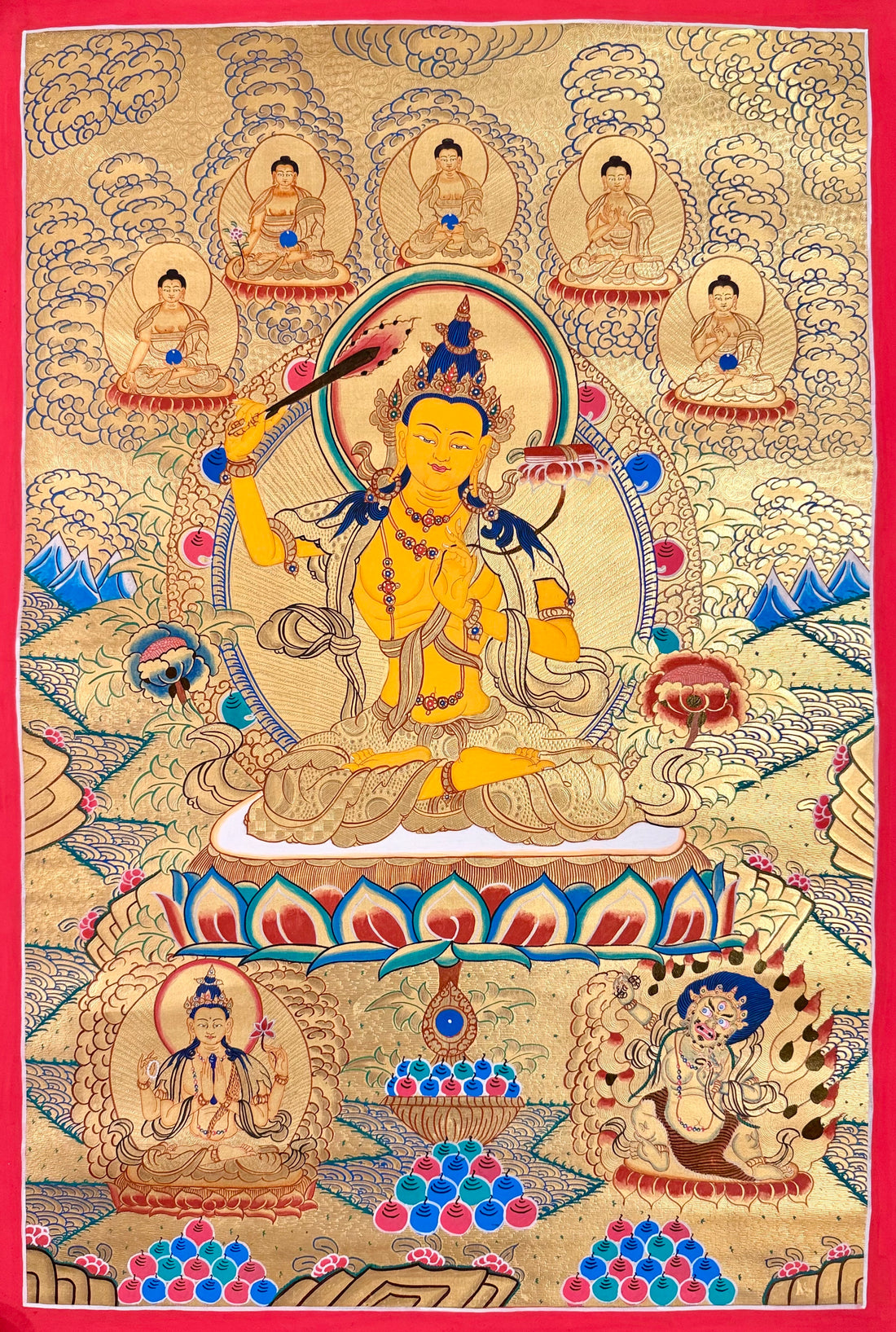 Manjushri thangka, 58×83 cm: Manjushri raising his flaming sword on a gold-coloured ground, with five Buddhas above and Chenrezig and Vajrapani below
