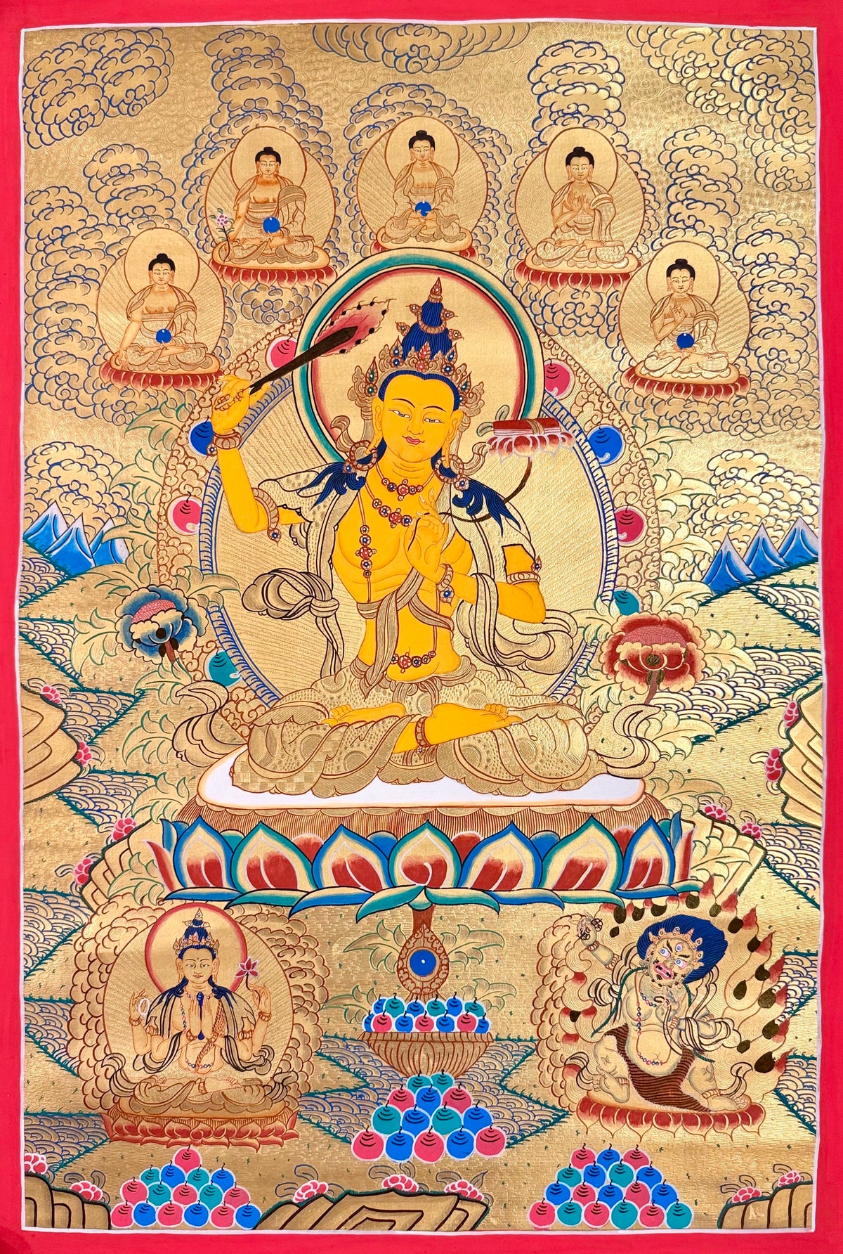 Manjushri thangka, 58×83 cm: Manjushri raising his flaming sword on a gold-coloured ground, with five Buddhas above and Chenrezig and Vajrapani below