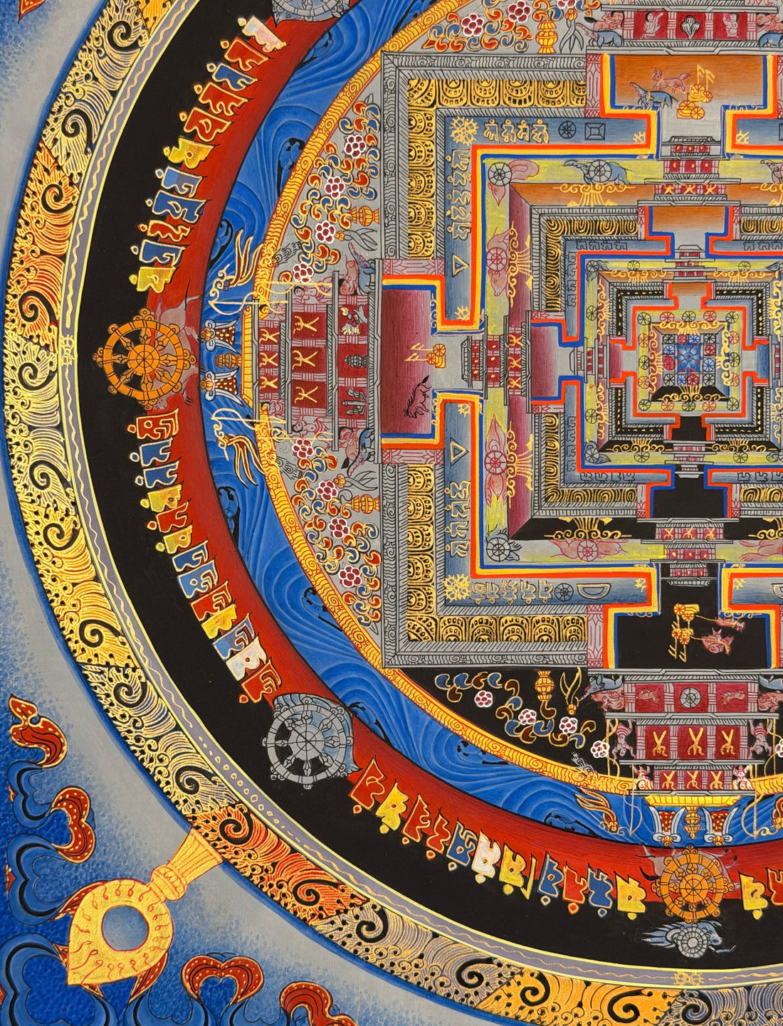Kalachakra Mandala thangka, 55×55 cm: Kalachakra palace mandala on a blue ground with gold-coloured line work