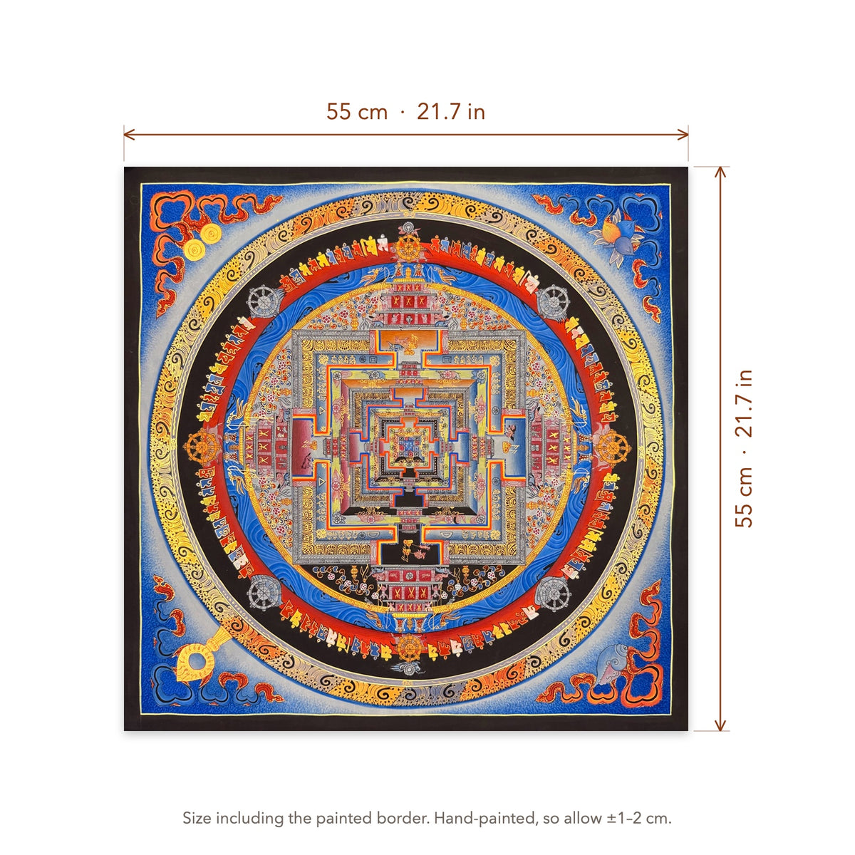 Size diagram: 55 × 55 cm (21.7 × 21.7 in), including the painted border