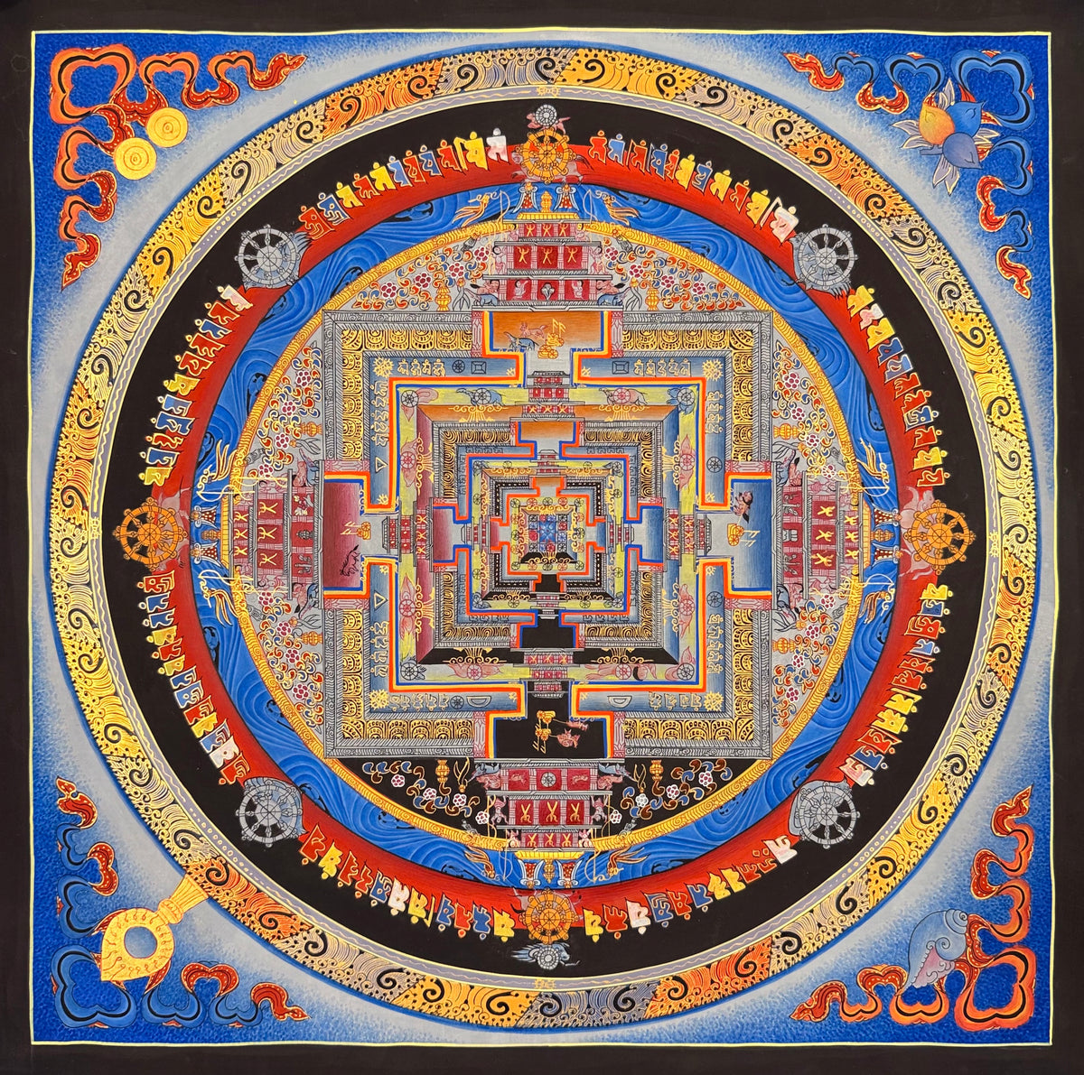 Kalachakra Mandala thangka, 55×55 cm: Kalachakra palace mandala on a blue ground with gold-coloured line work