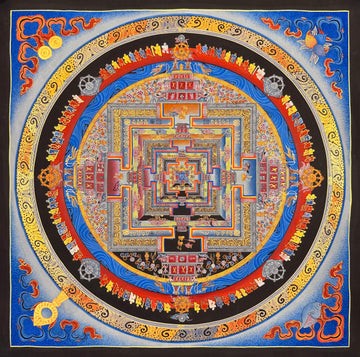 Kalachakra Mandala thangka, 55×55 cm: Kalachakra palace mandala on a blue ground with gold-coloured line work