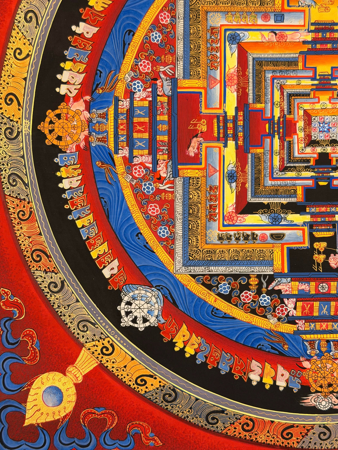 Kalachakra Mandala thangka, 55×55 cm: Kalachakra palace mandala on a deep red ground with gold-coloured line work