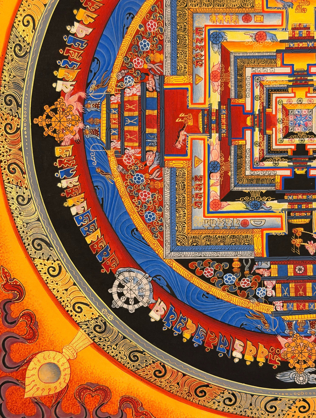 Kalachakra Mandala thangka, 55×55 cm: Kalachakra palace mandala on an orange ground with gold-coloured line work