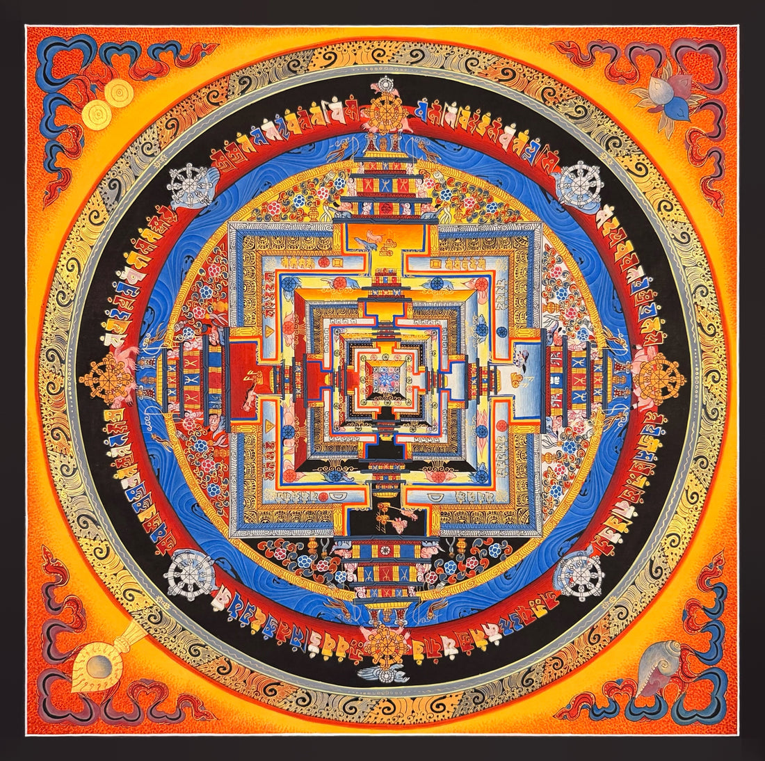 Kalachakra Mandala thangka, 55×55 cm: Kalachakra palace mandala on an orange ground with gold-coloured line work