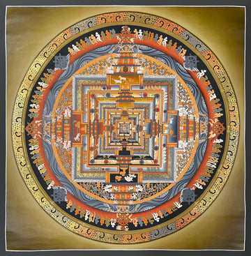 Kalachakra Mandala thangka, 68×68 cm: Kalachakra palace mandala in orange, grey and gold-coloured tones on an olive ground