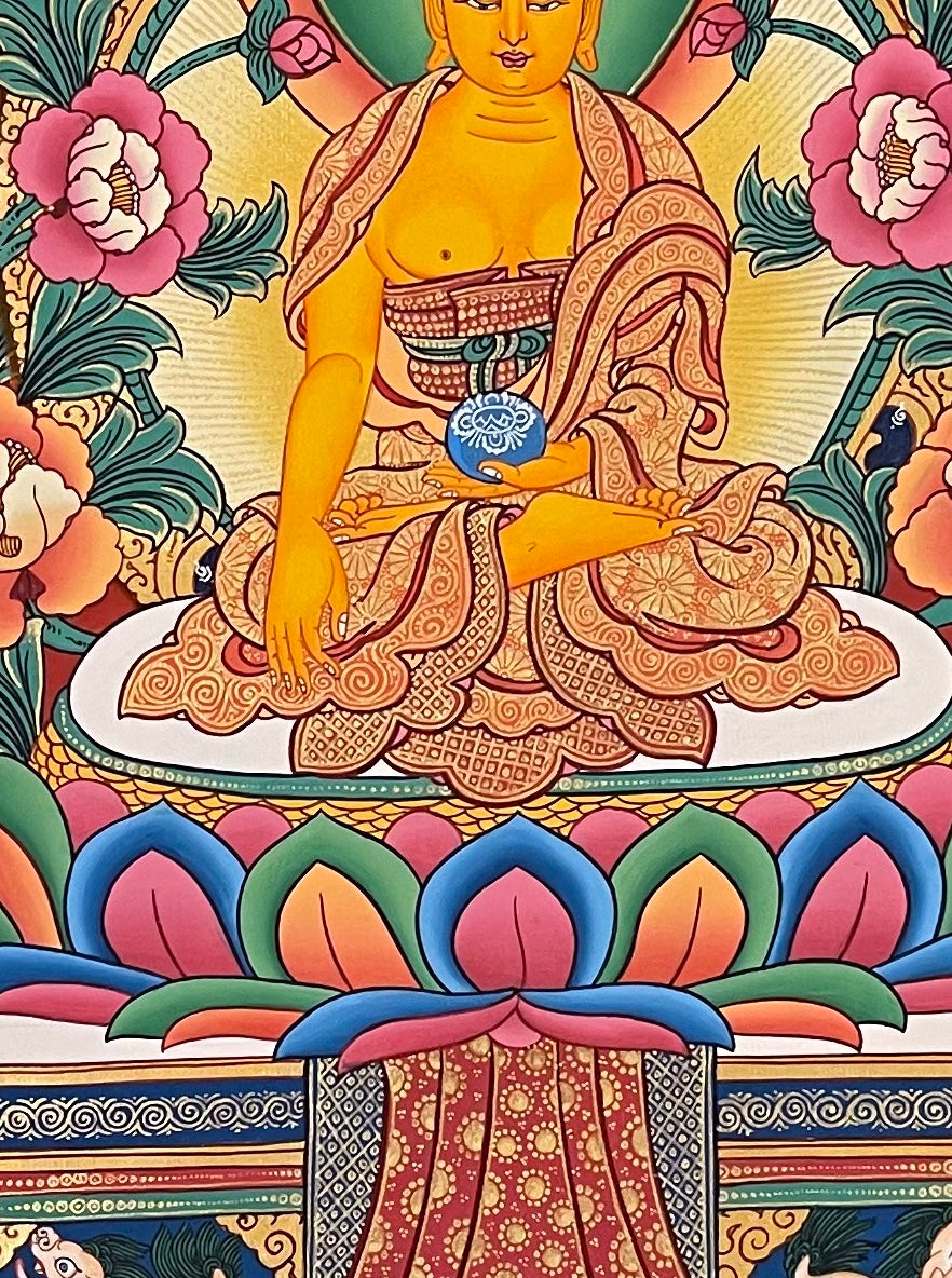 35 Confession Buddhas thangka, 59×77 cm: Shakyamuni with two disciples surrounded by the 35 Buddhas of confession, with Amitayus and Jambhala