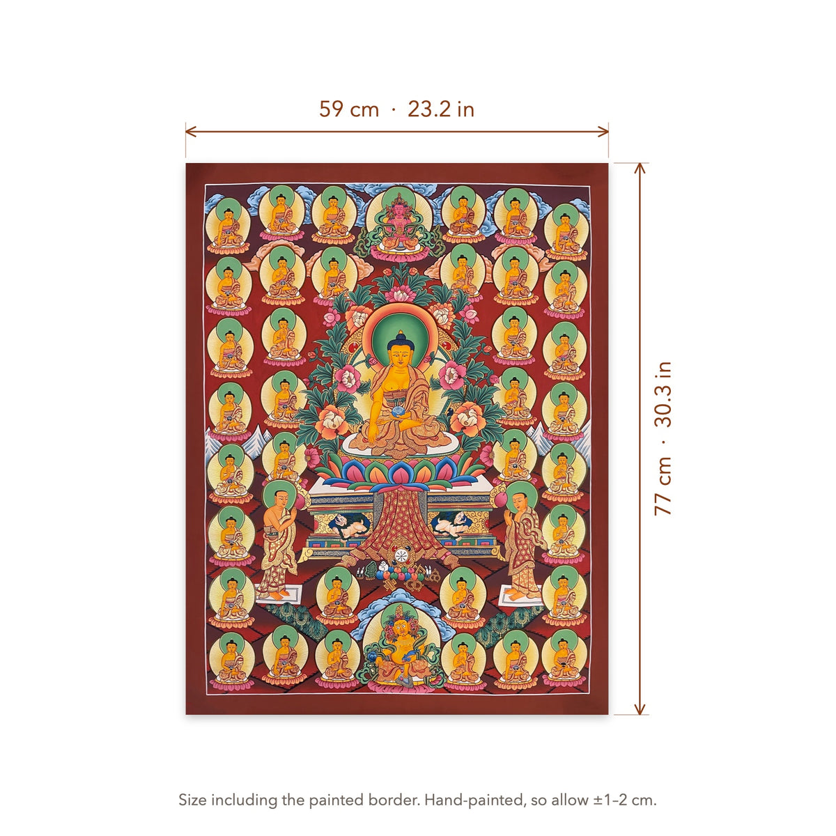 Size diagram: 59 × 77 cm (23.2 × 30.3 in), including the painted border