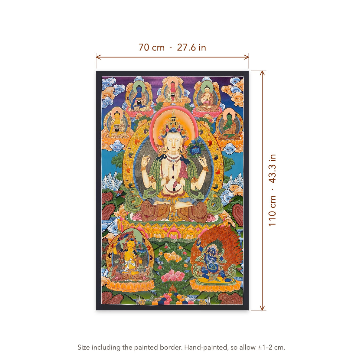 Size diagram: 70 × 110 cm (27.6 × 43.3 in), including the painted border