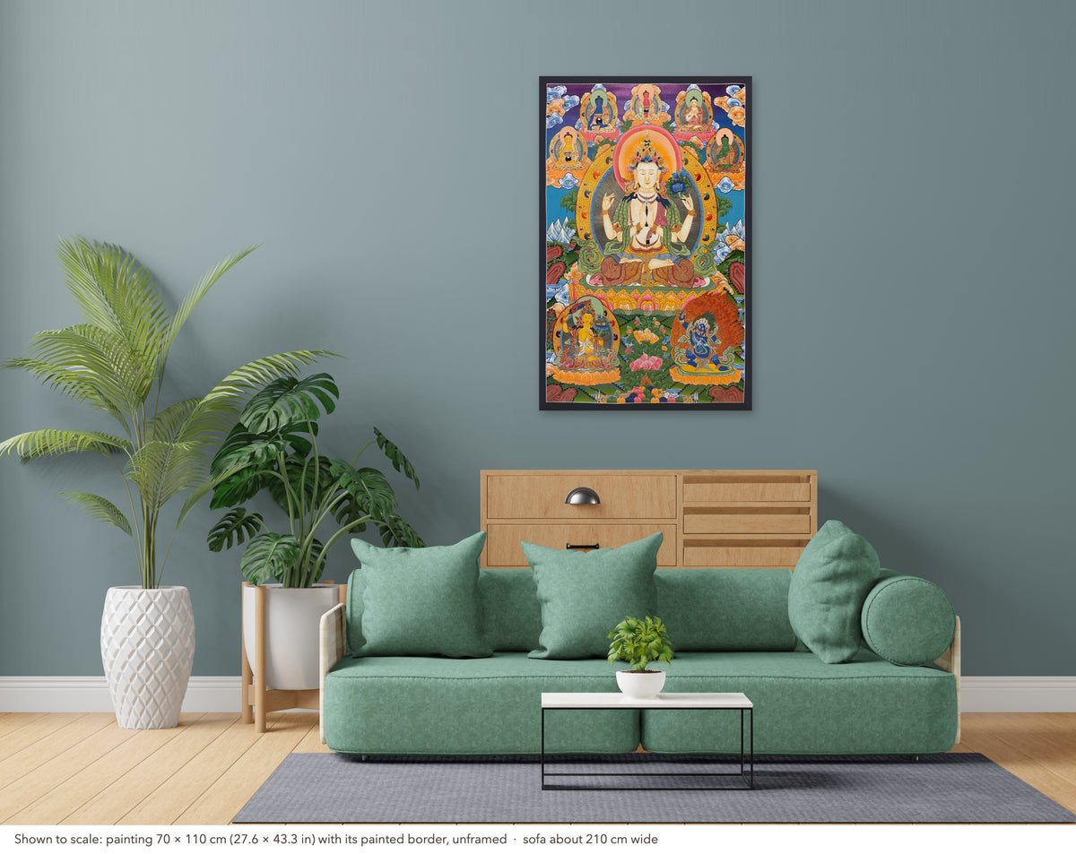 Chenrezig thangka shown to scale in a living room, unframed, above a sofa about 210 cm wide (70×110 cm)