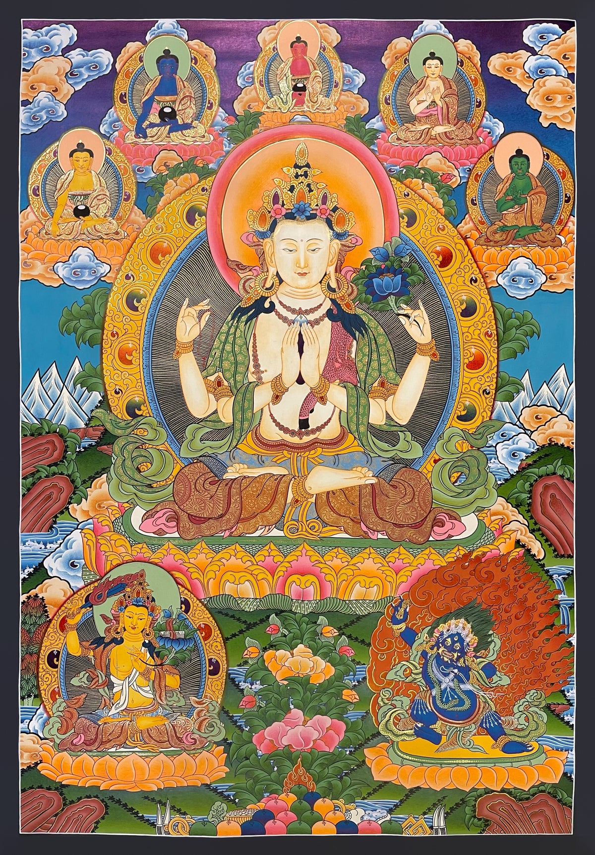 Chenrezig thangka, 70×110 cm: four-armed Chenrezig with the five Buddhas above and Manjushri and Vajrapani below