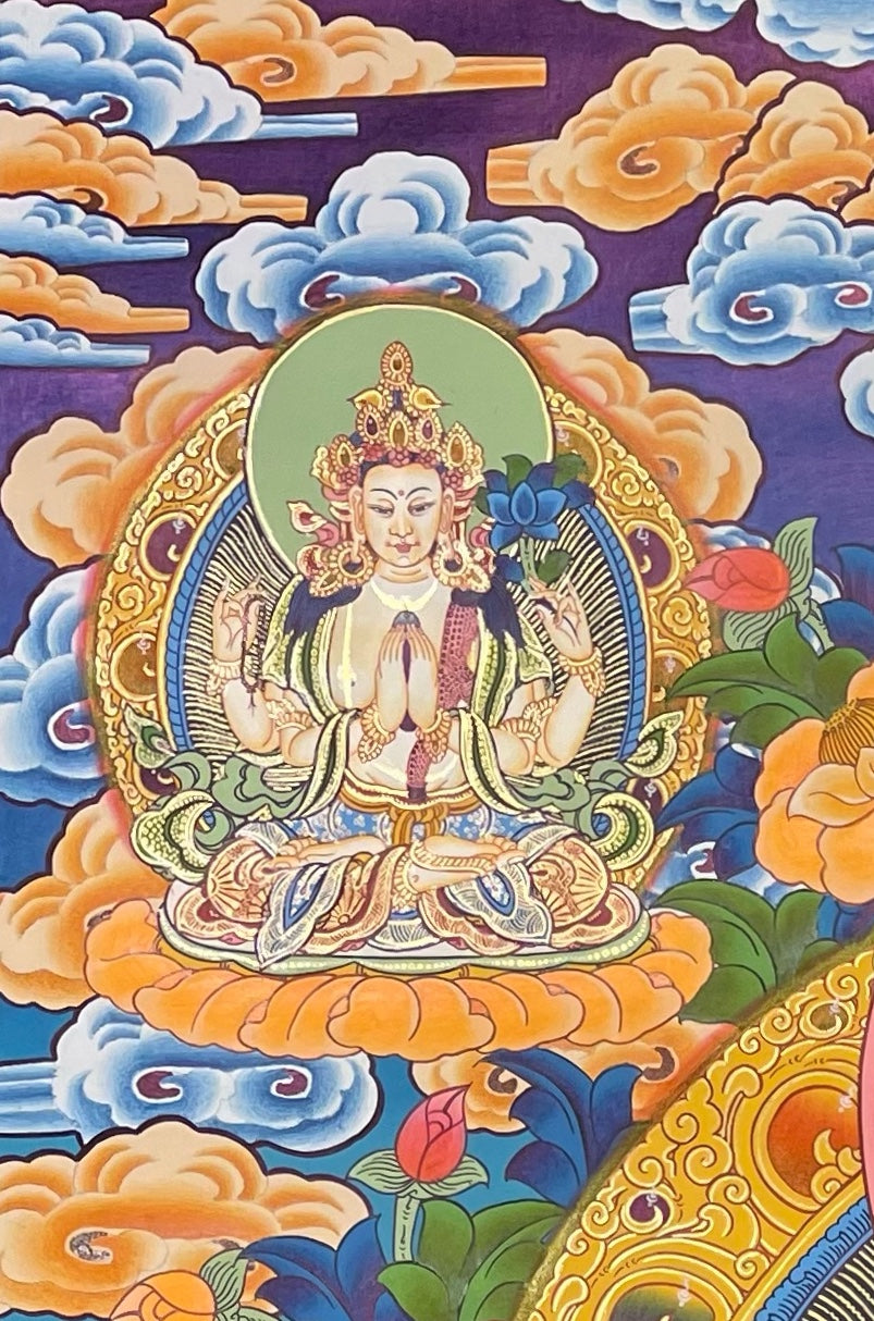 White Tara thangka, detail: top-left corner
