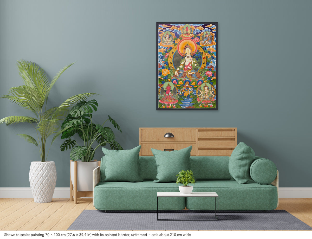 White Tara thangka shown to scale in a living room, unframed, above a sofa about 210 cm wide (70×100 cm)