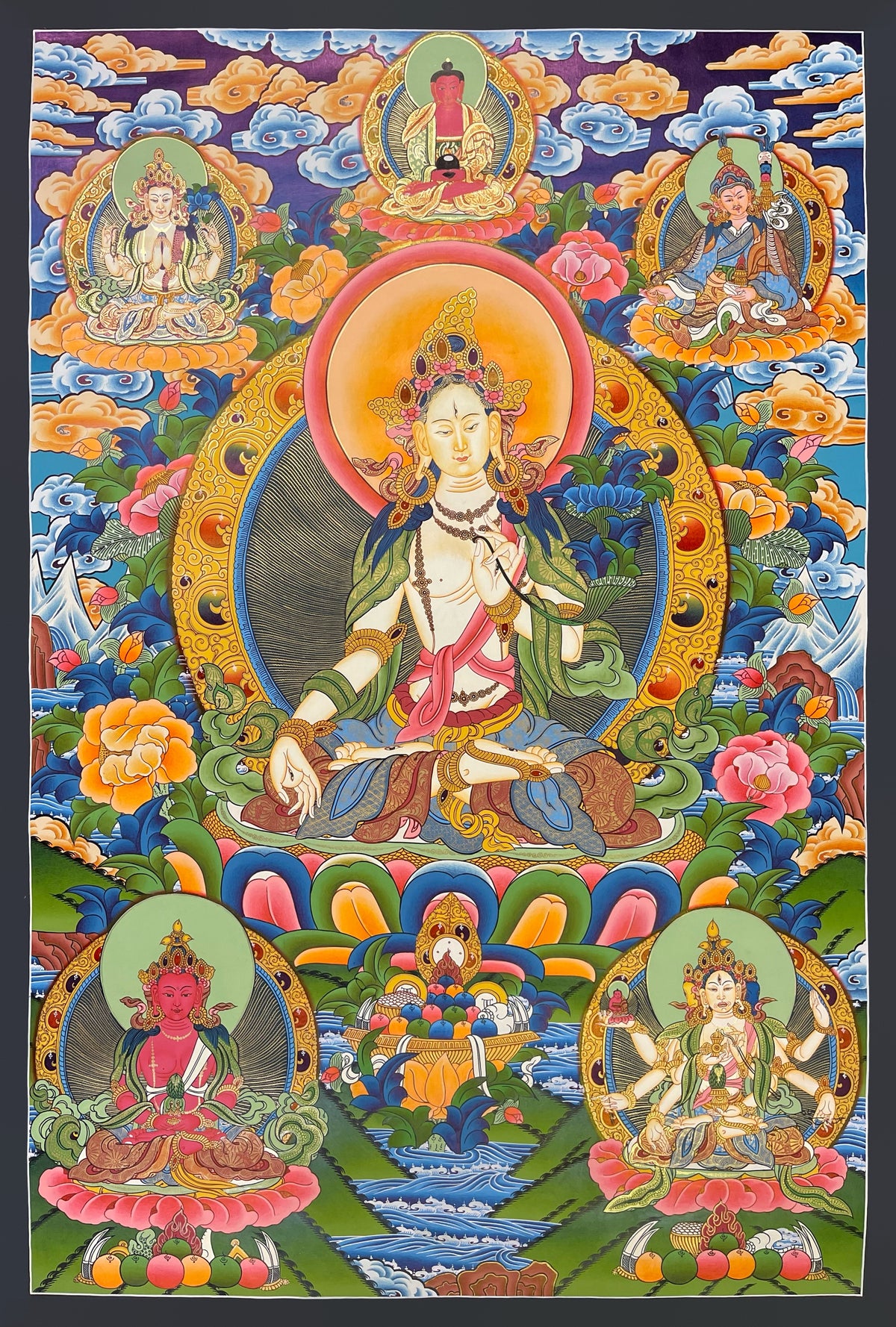 White Tara thangka, 70×100 cm: White Tara on a lotus with Amitabha, Chenrezig and Padmasambhava above and Amitayus and Namgyalma below