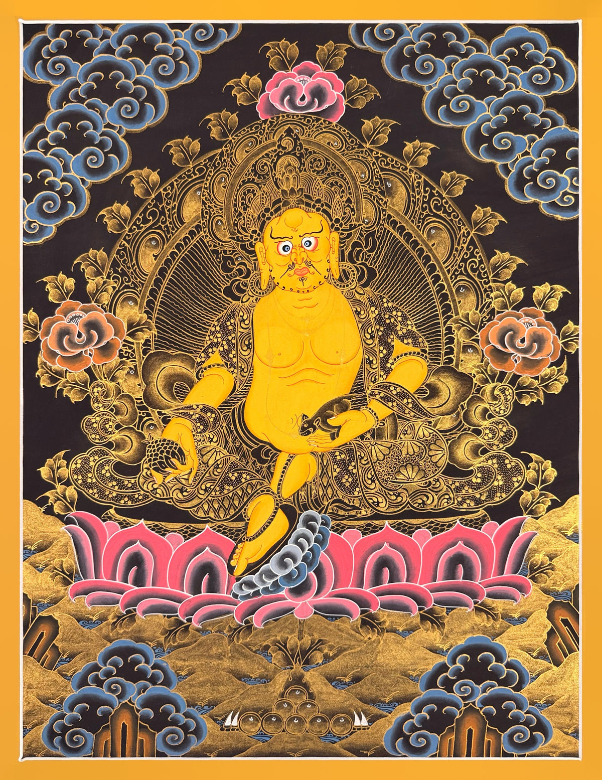 Yellow Jambhala thangka, 51×66 cm: Yellow Jambhala with a mongoose on a pink lotus, in gold-coloured line work on black