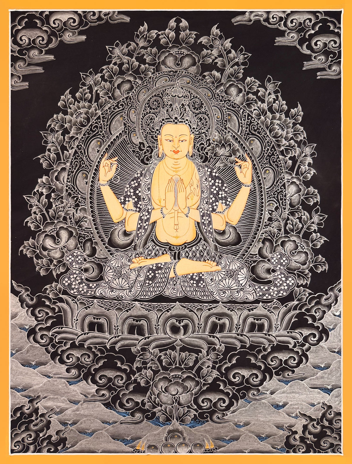 Chenrezig thangka, 51×66 cm: four-armed Chenrezig in fine white line work on a black ground