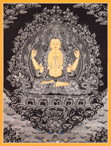 Chenrezig thangka, 51×66 cm: four-armed Chenrezig in fine white line work on a black ground