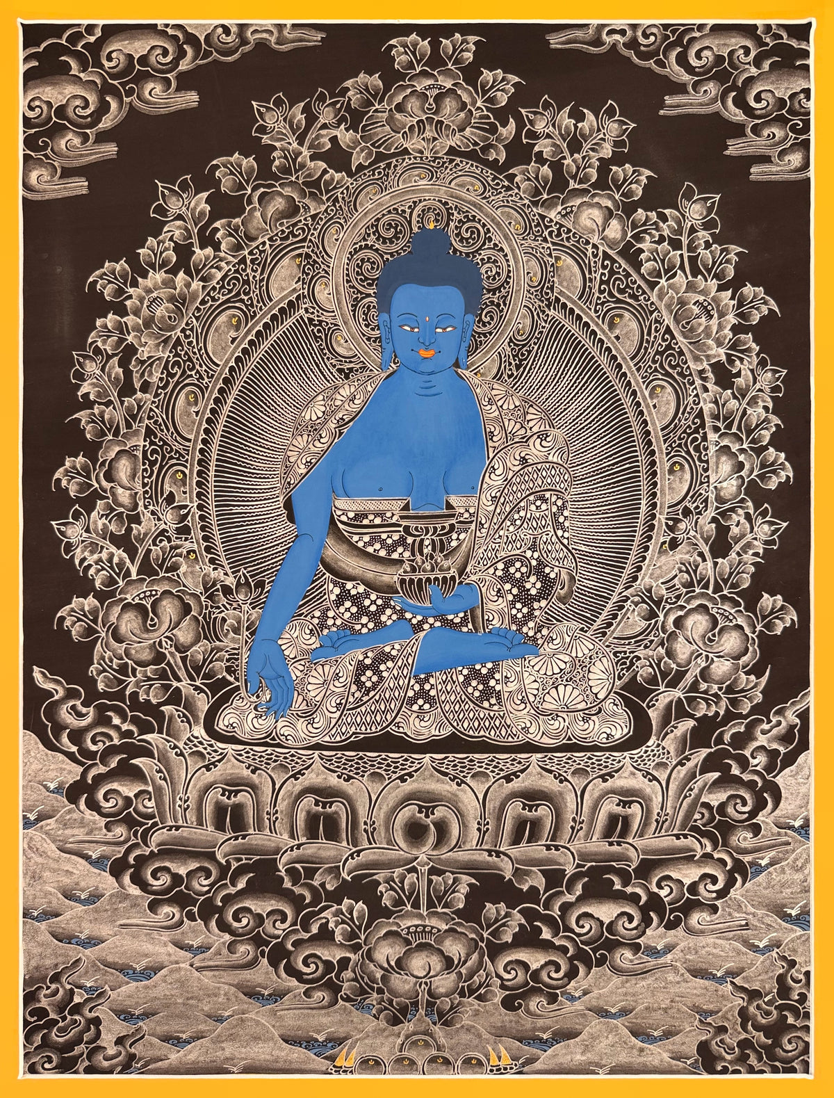 Medicine Buddha thangka, 51×66 cm: the blue Medicine Buddha in fine white line work on a black ground