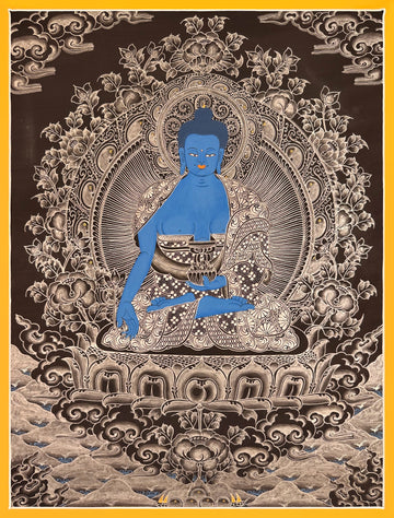 Medicine Buddha thangka, 51×66 cm: the blue Medicine Buddha in fine white line work on a black ground