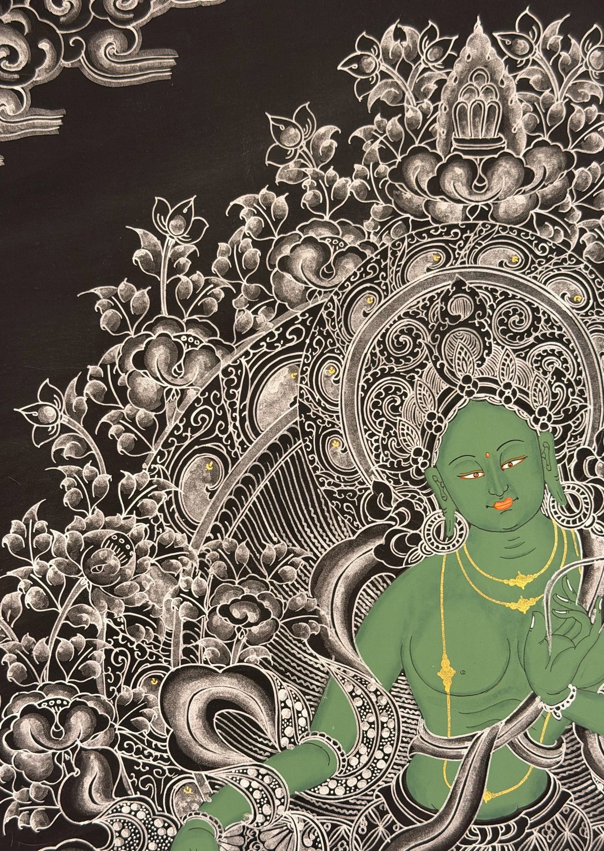 Green Tara thangka, close-up photo 3 of 5