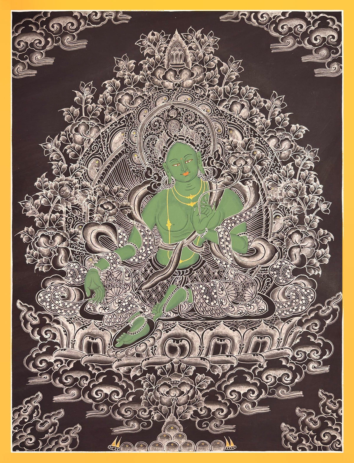 Green Tara thangka, 51×66 cm: Green Tara in fine white line work on a black ground