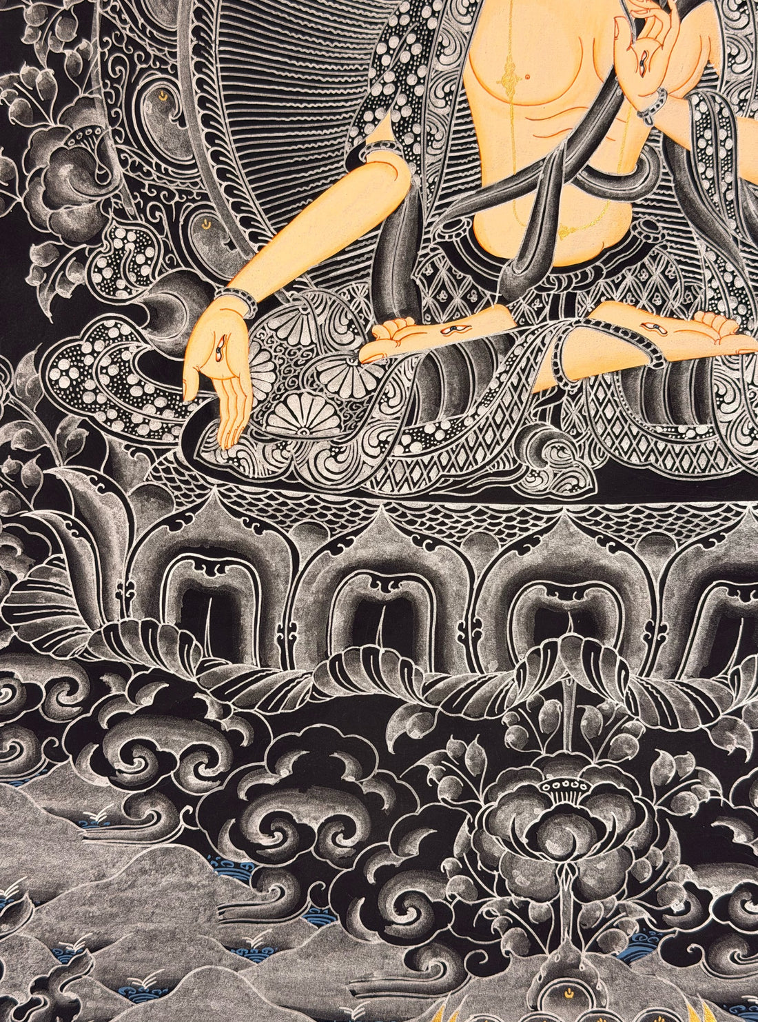 White Tara thangka, 51×66 cm: White Tara in fine white line work on a black ground