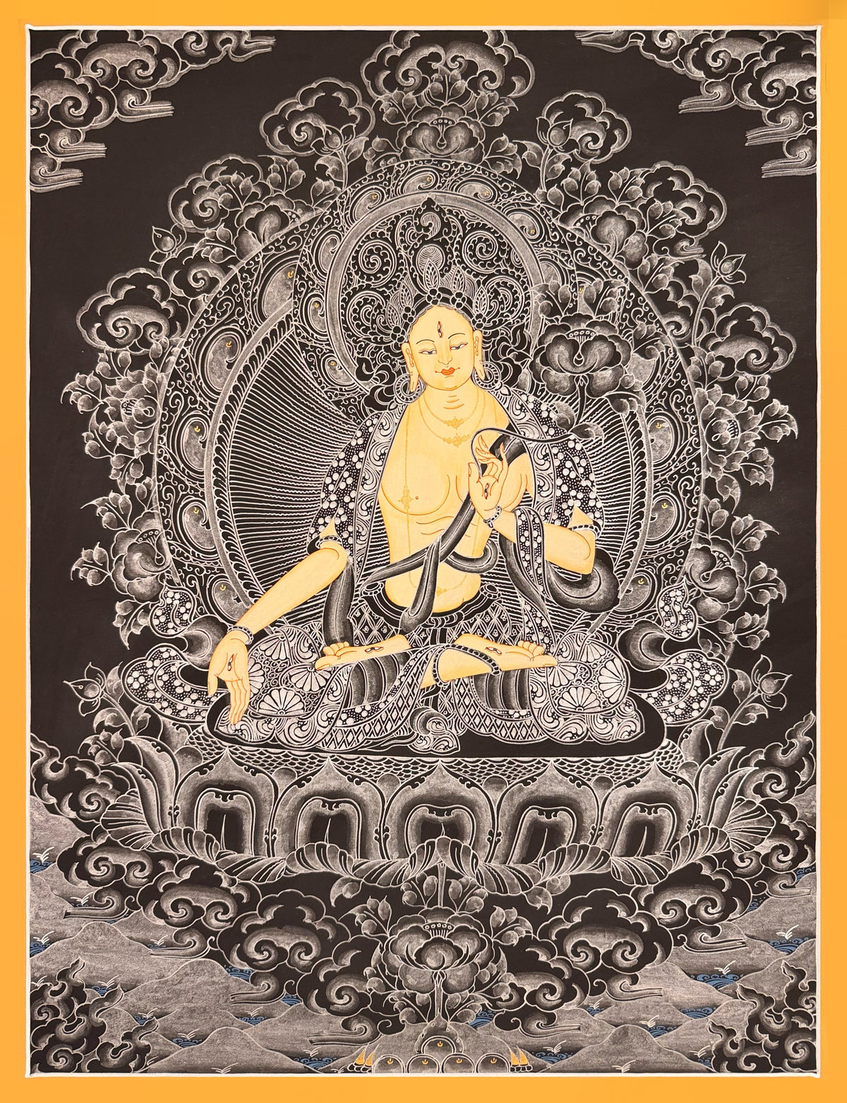 White Tara thangka, 51×66 cm: White Tara in fine white line work on a black ground