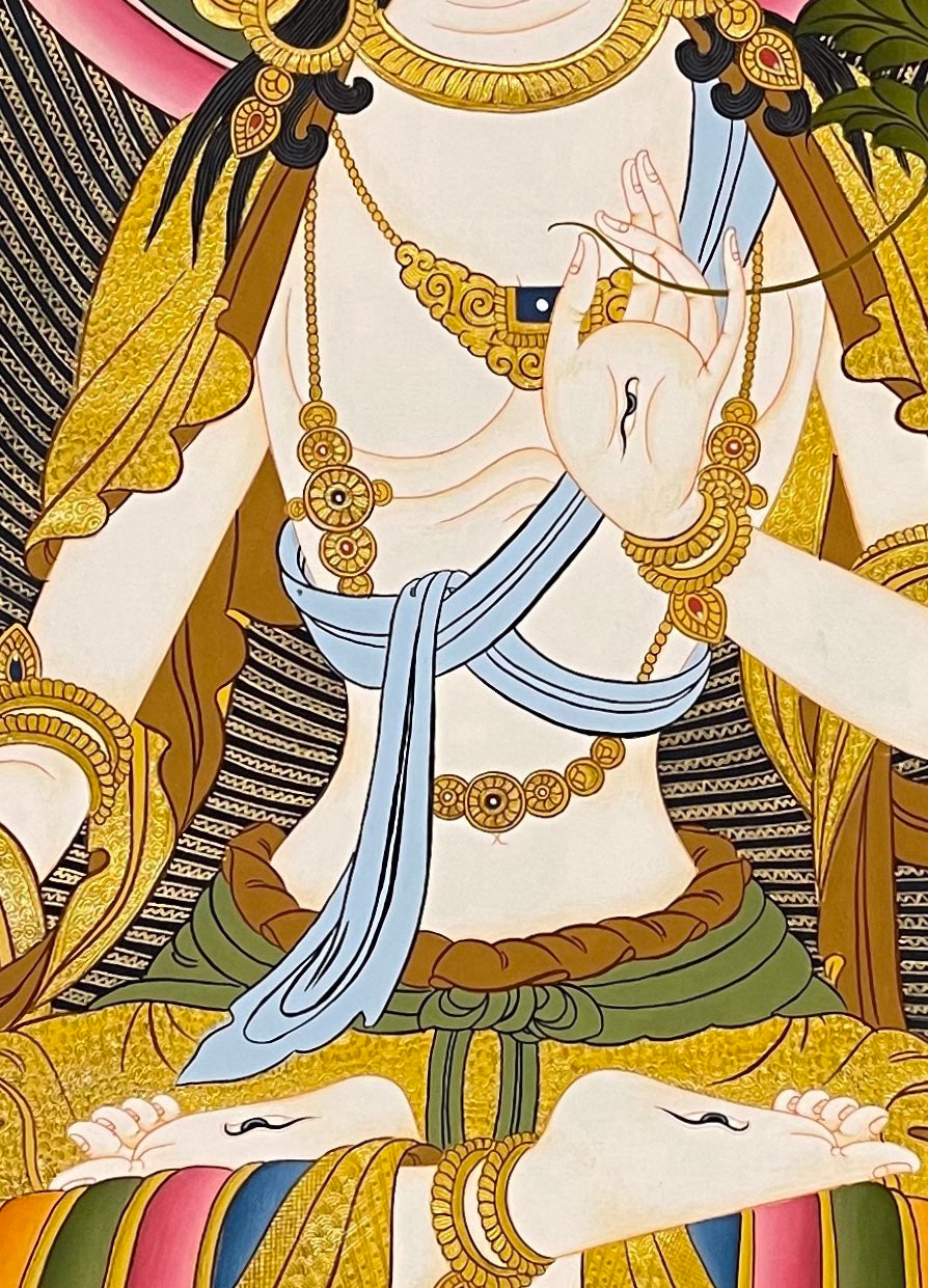 White Tara thangka, 59×81 cm: White Tara on a lotus among peonies, with a dragon in gold-coloured clouds