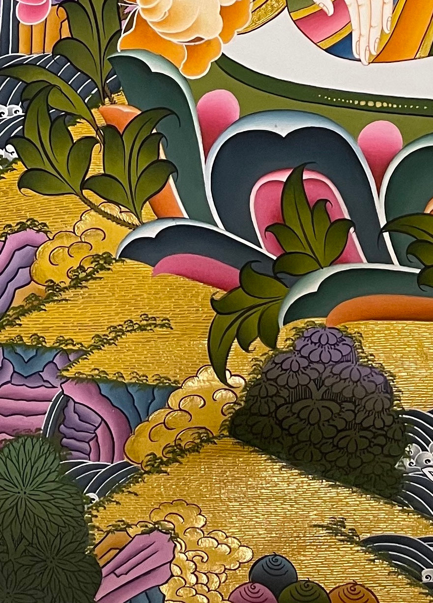 White Tara thangka, detail: bottom-left corner