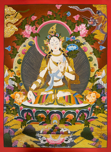 White Tara thangka, 59×81 cm: White Tara on a lotus among peonies, with a dragon in gold-coloured clouds