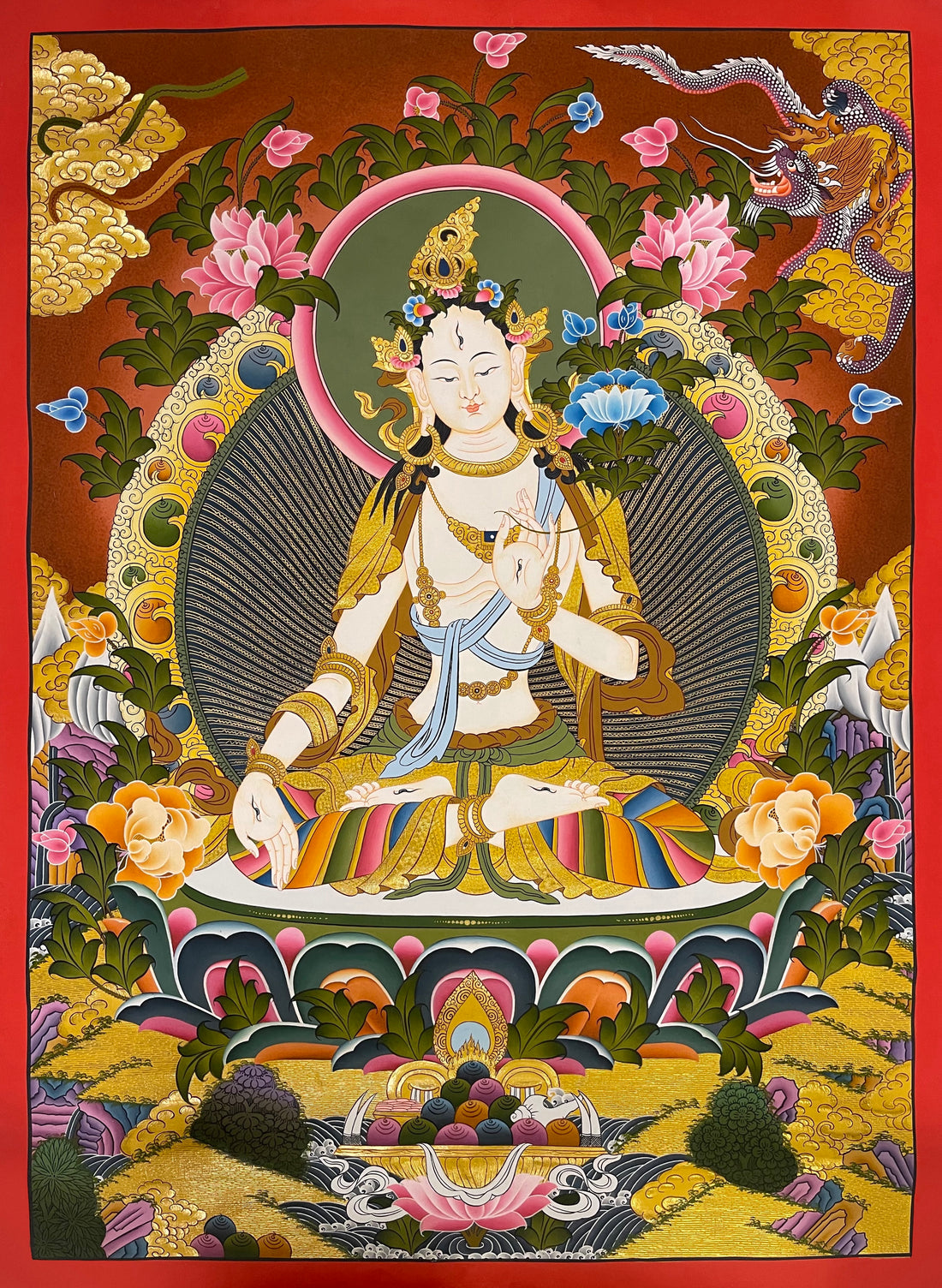 White Tara thangka, 59×81 cm: White Tara on a lotus among peonies, with a dragon in gold-coloured clouds