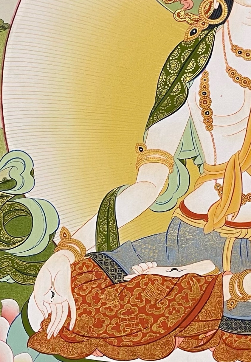 White Tara thangka, 57×82 cm: White Tara on a pink lotus in a landscape, with Amitayus and Namgyalma at the left