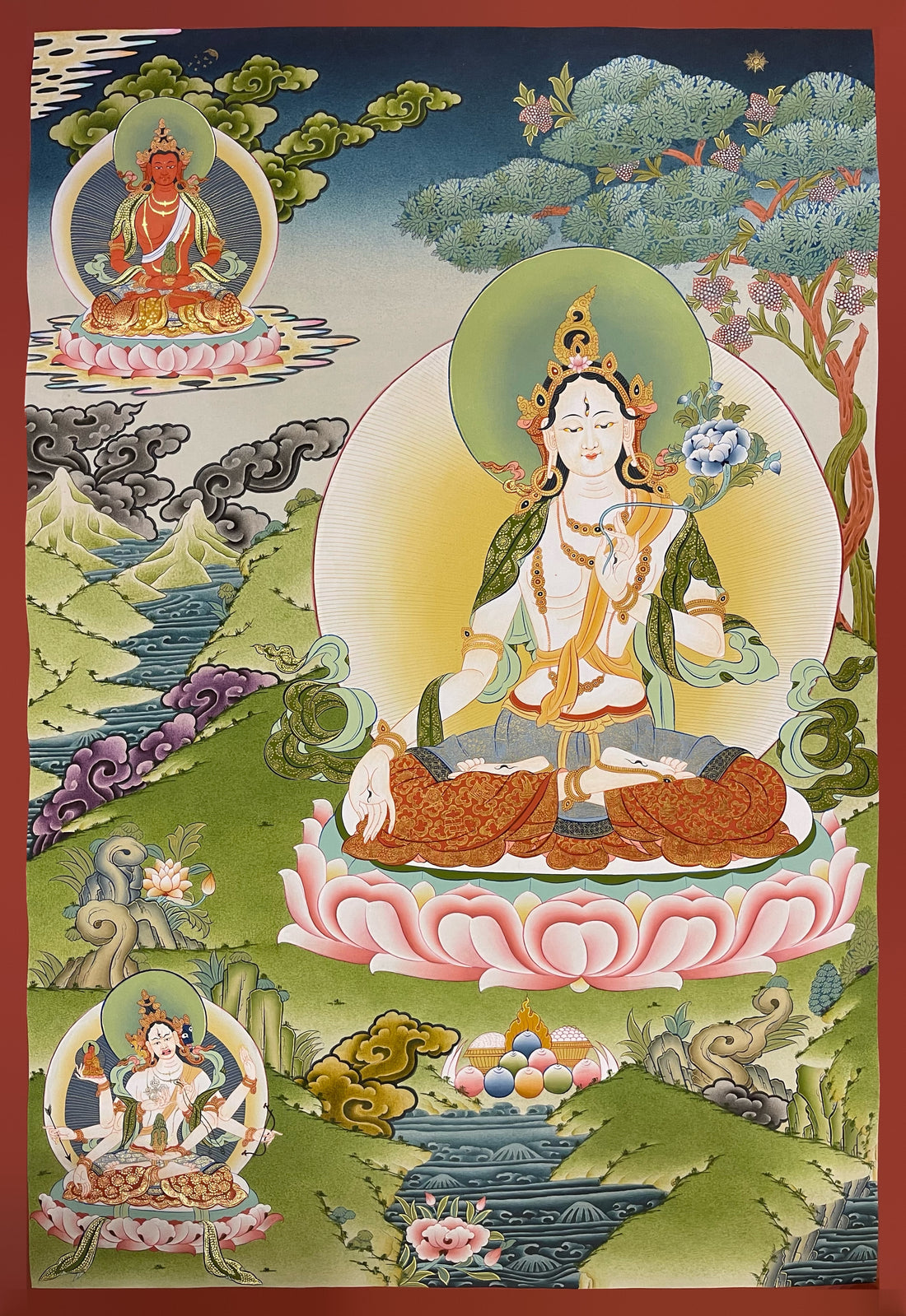 White Tara thangka, 57×82 cm: White Tara on a pink lotus in a landscape, with Amitayus and Namgyalma at the left