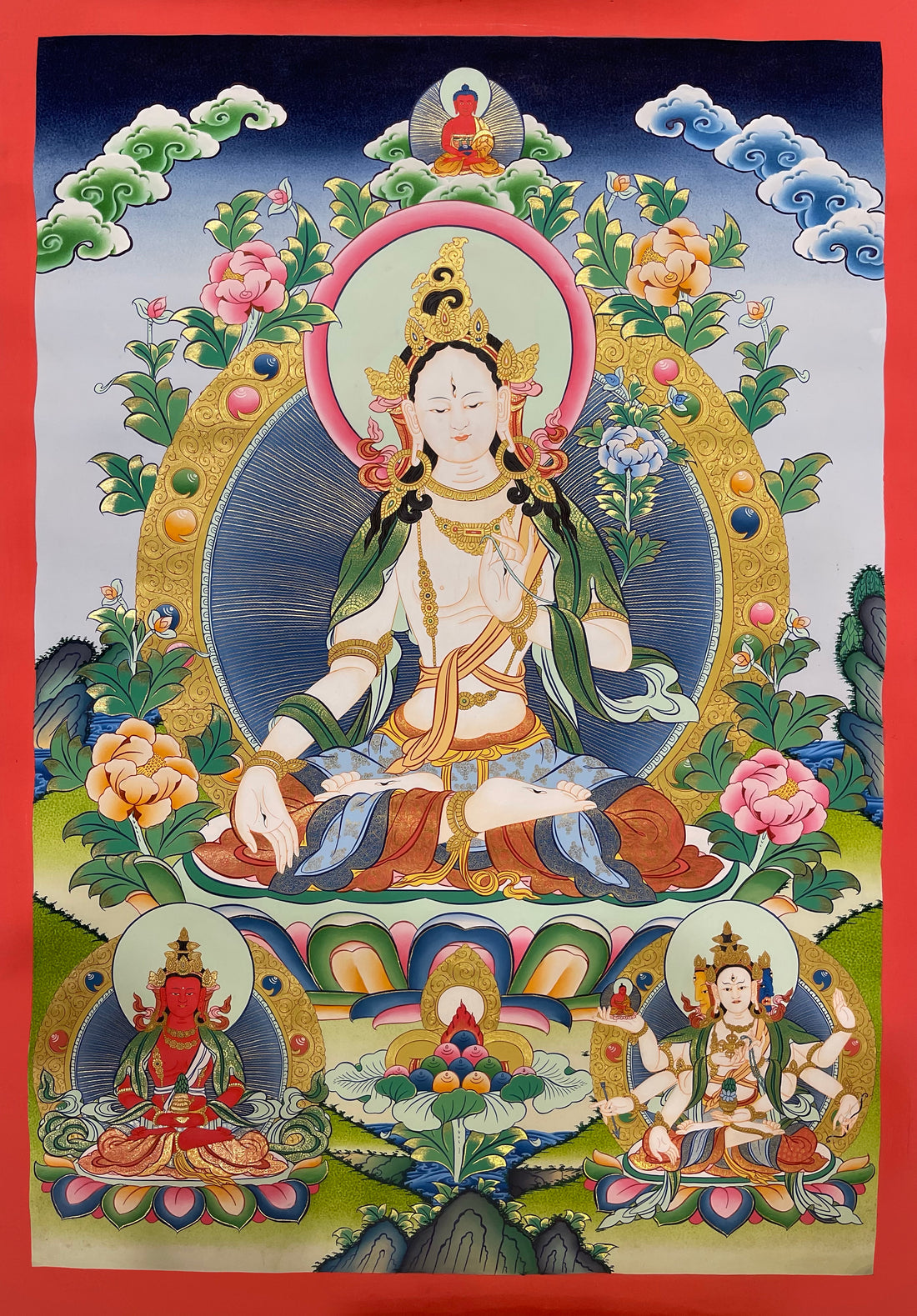 White Tara thangka, 57×82 cm: White Tara on a lotus with Amitabha above and Amitayus and Namgyalma below