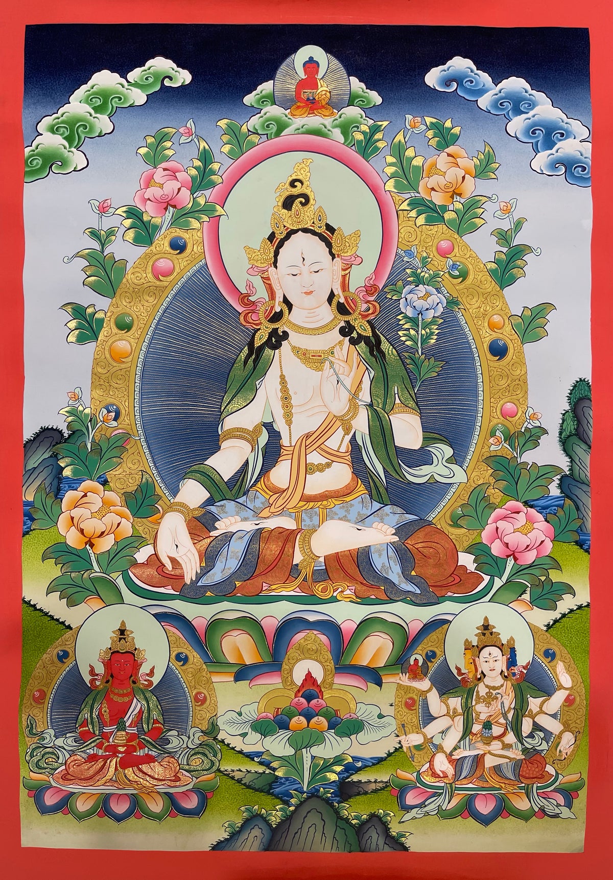 White Tara thangka, 57×82 cm: White Tara on a lotus with Amitabha above and Amitayus and Namgyalma below